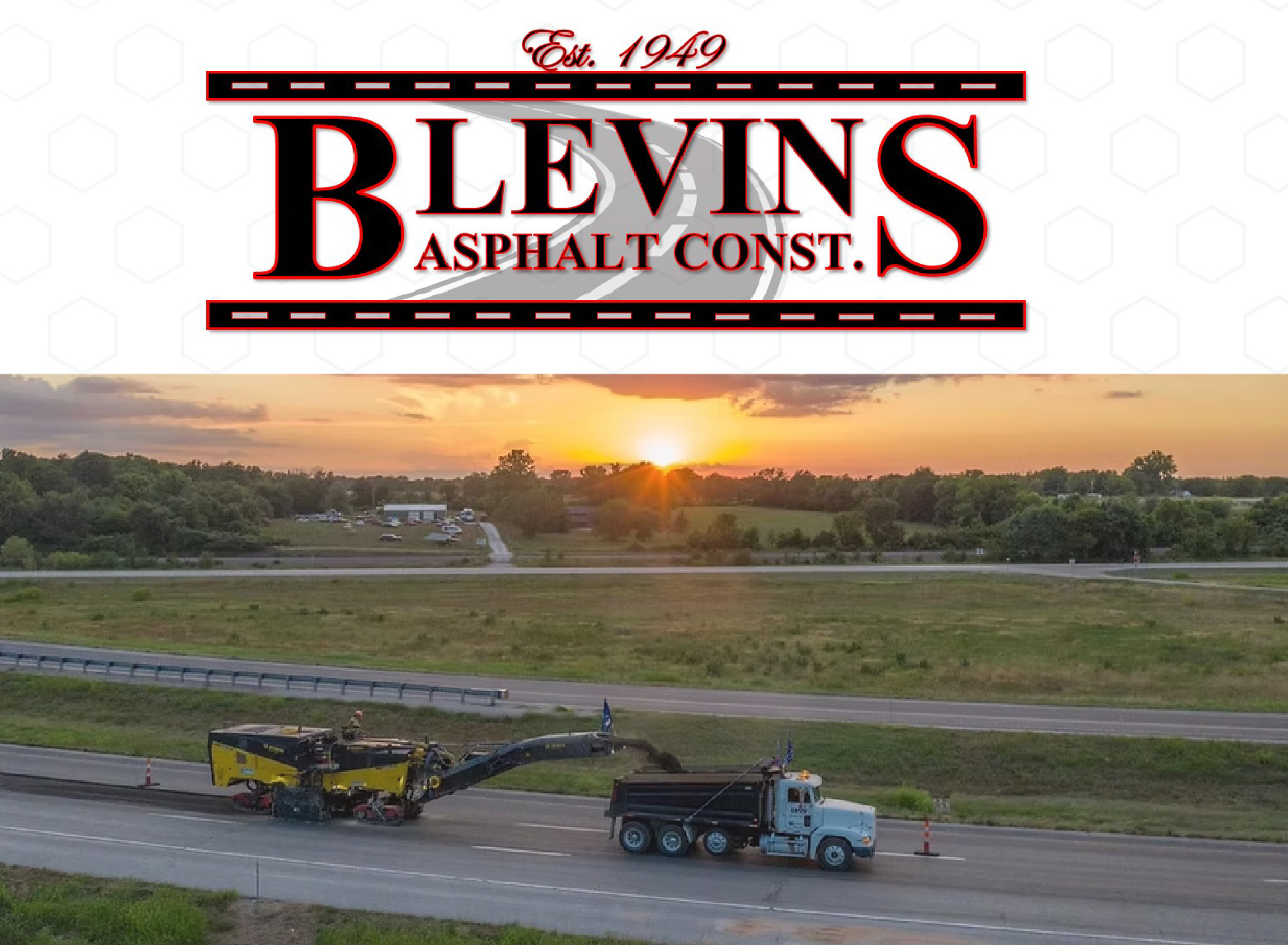 Blevins Asphalt company logo on a photo of construction work.